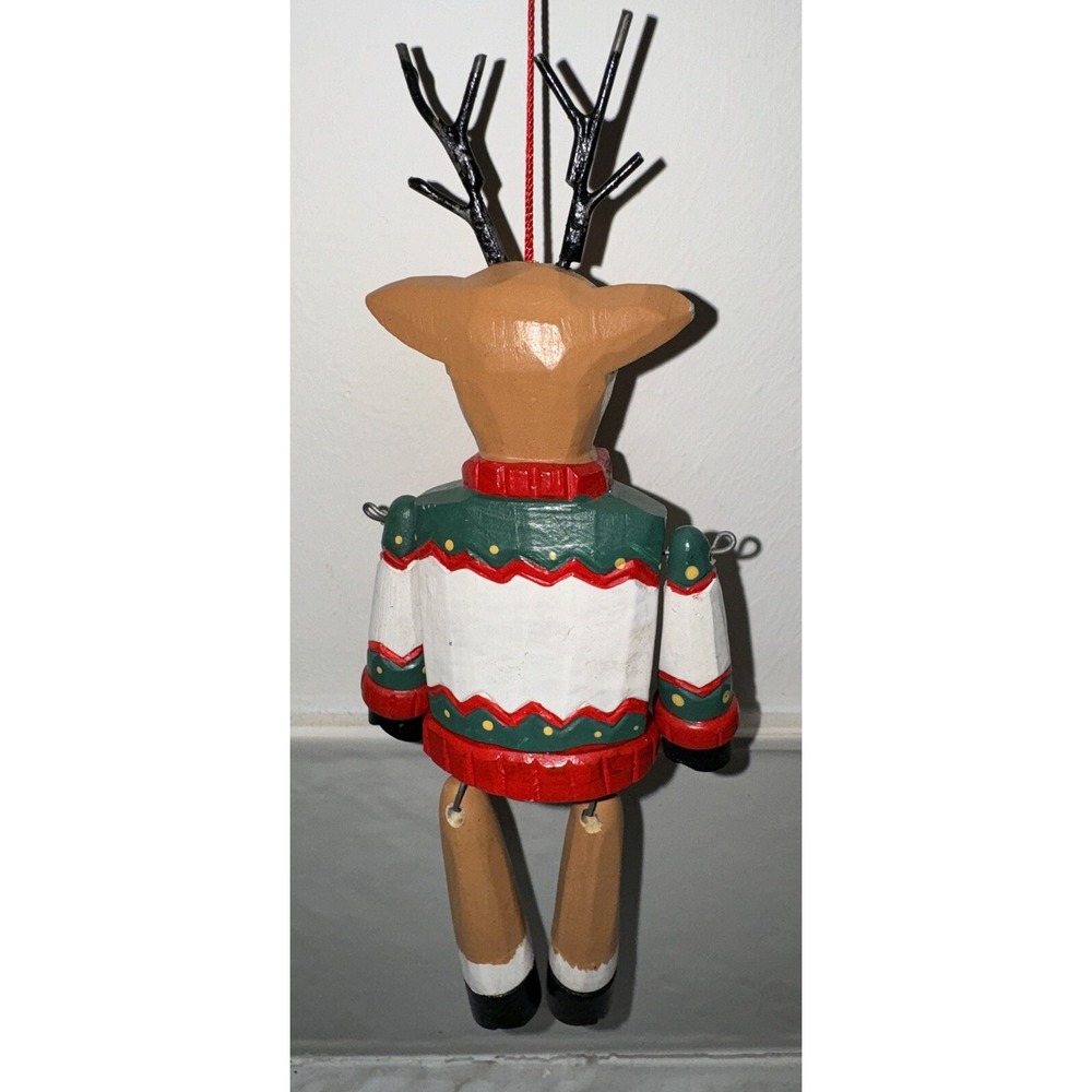 Wooden Reindeer In Holiday Sweater Christmas Ornament With Dangle Legs - Picture 3 of 3
